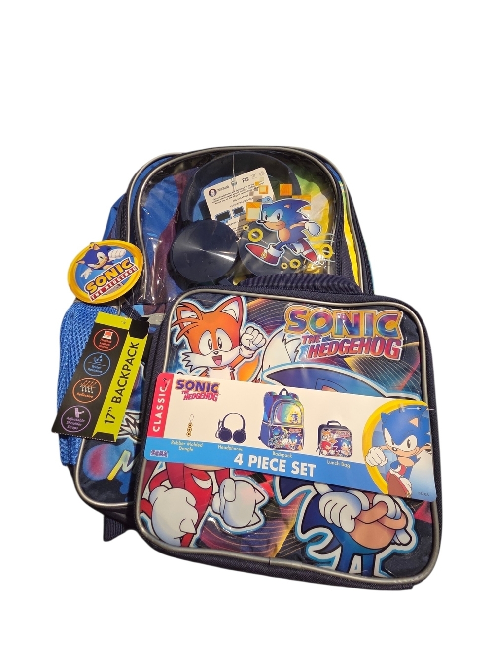 ​NWT Sonic The Hedgehog 4 Piece Backpack Set Headphones Lunch Bag Dangle SEGA